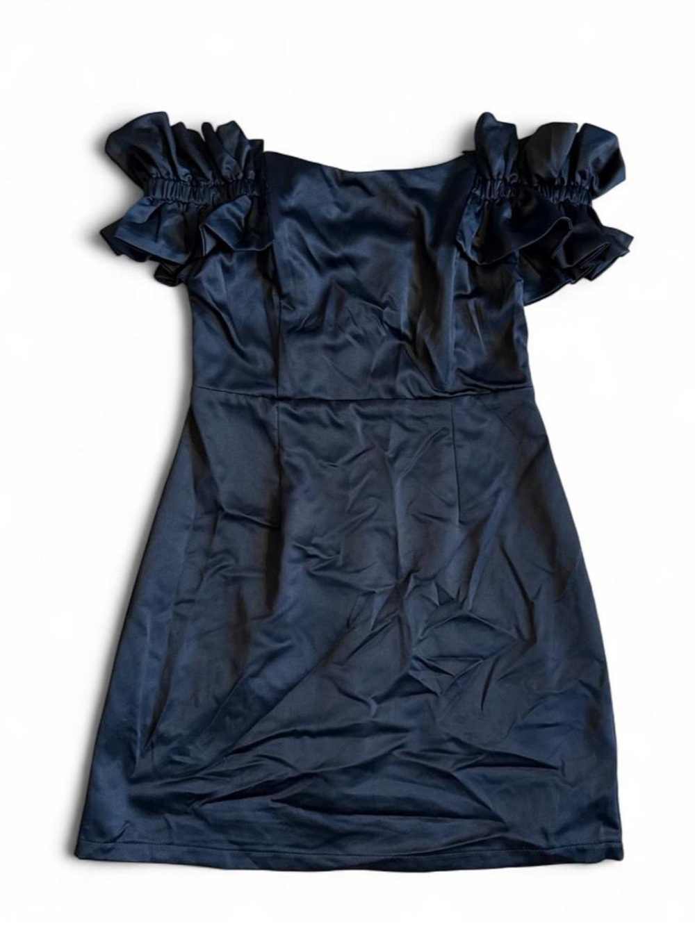 DO+BE One-Shoulder Black Satin Ruffle Mini Dress